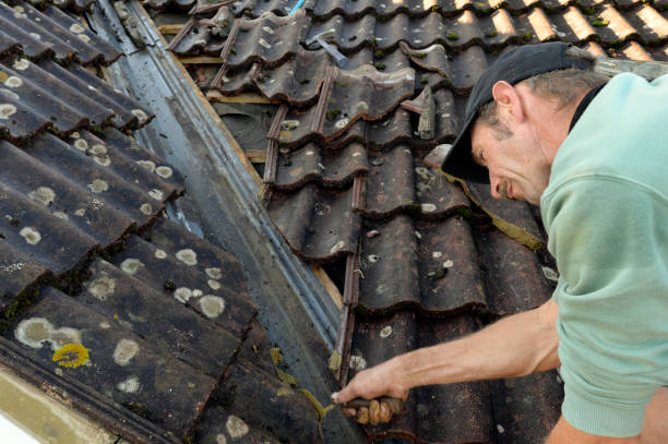 Man repairs tiled roof of house.